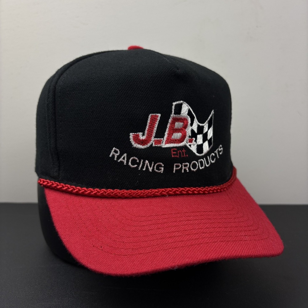 Vintage 90s JB Racing Trucker Hat Black Red Checkered Flag Rope Snapback Cap